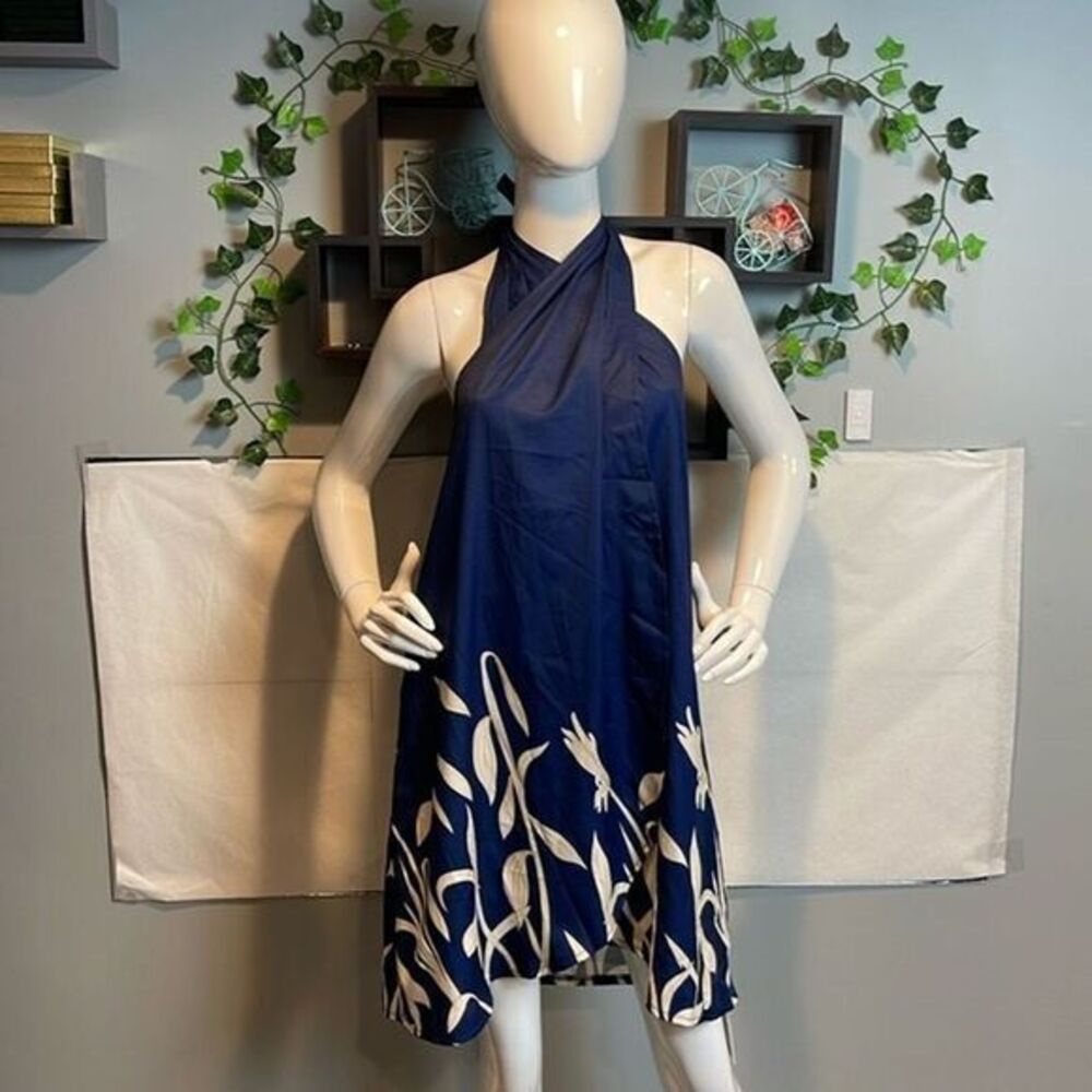 Cupshe Plant Print Criss-Cross Halter Navy Blue Casual Dress Size S RefCPS003 - Picture 5 of 13